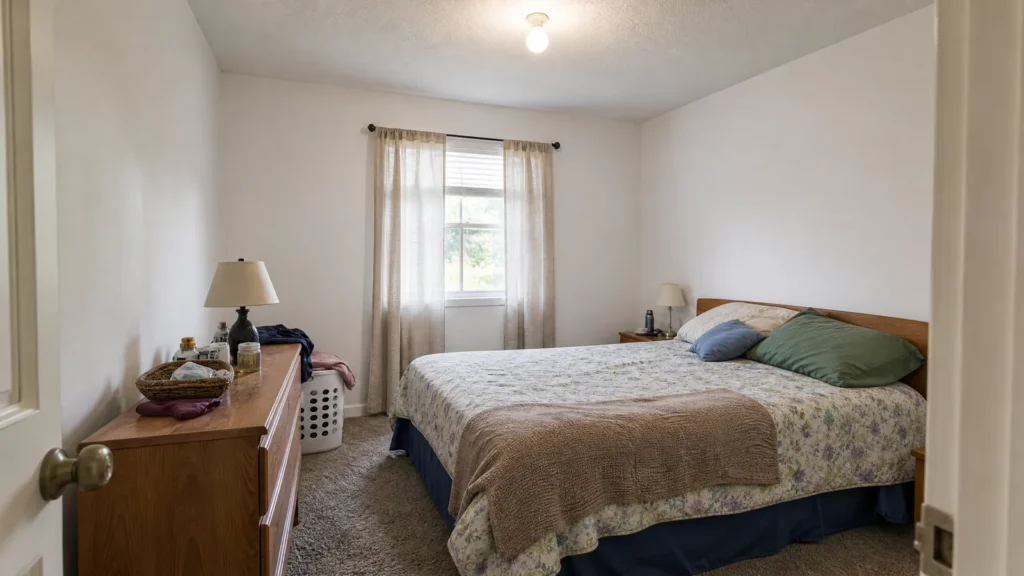 Illustrated bedroom before a budget makeover with plain walls, mismatched bedding, short curtains and dresser clutter.