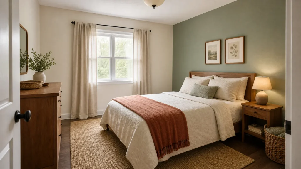 Budget bedroom makeover under $500 with sage wall, cream bedding and affordable decor