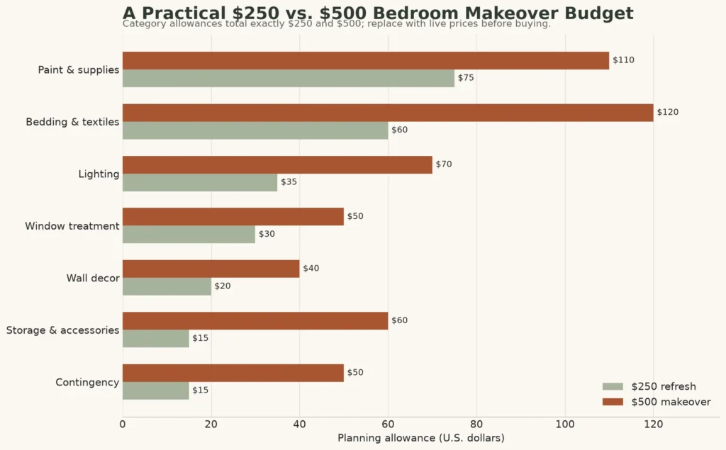 Horizontal bar chart comparing $250 and $500 bedroom makeover budgets across paint, bedding, lighting, windows, wall decor, storage and contingency.