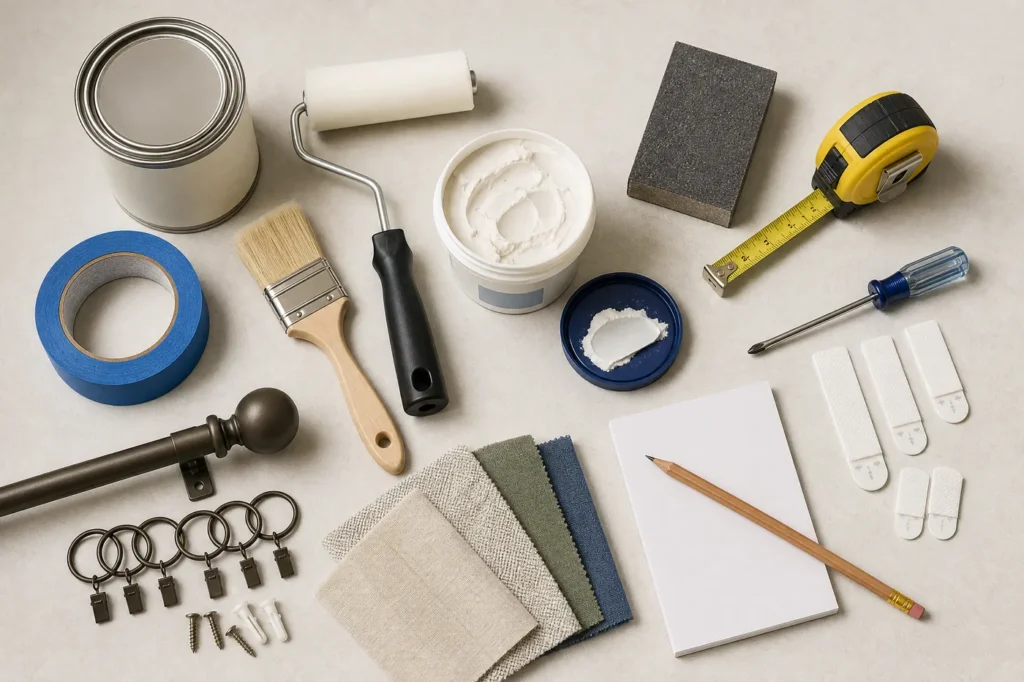Paint, roller, tape, patching compound, measuring tape, curtain hardware and fabric swatches for a DIY bedroom makeover.