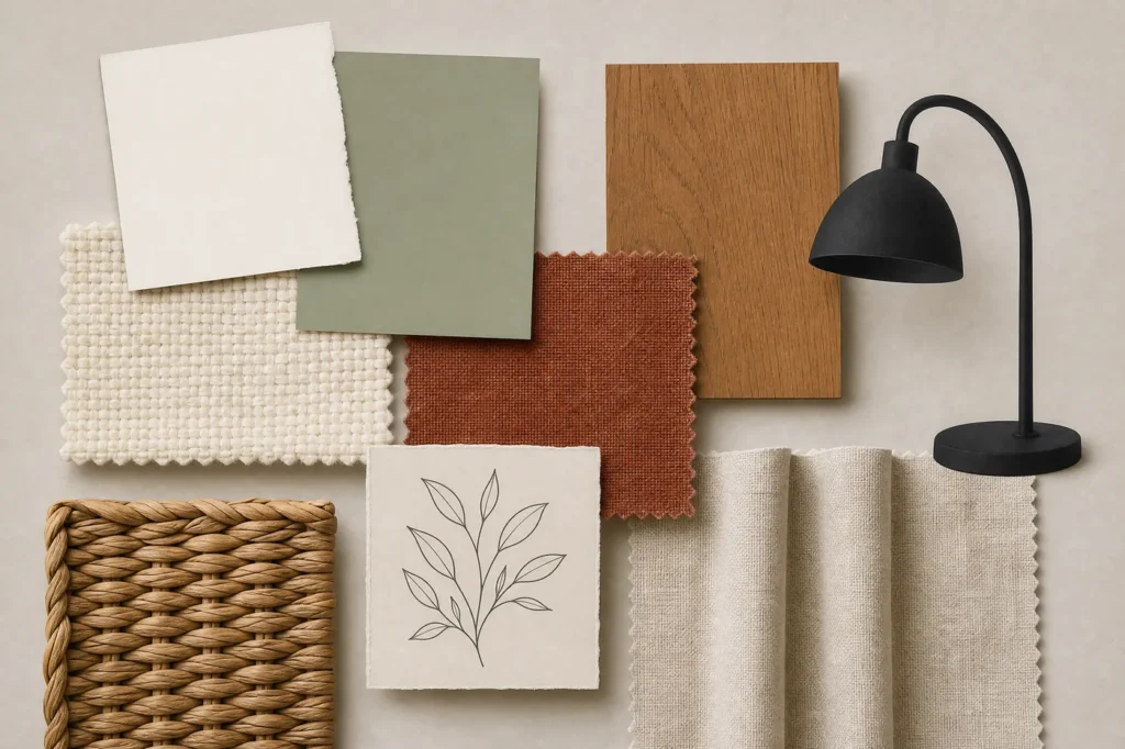 Budget bedroom mood board with warm white, muted sage, rust, cream textile, oak wood, black lamp and woven basket.