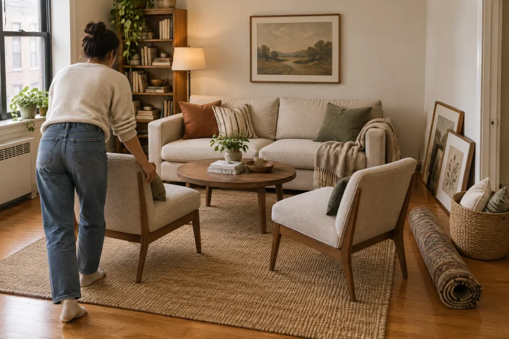 Person rearranging existing chairs around a sofa and coffee table before buying new living room decor.