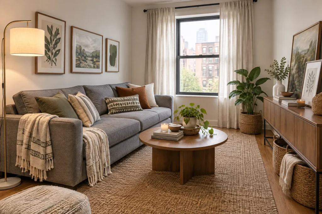 Renter-friendly living room refresh with an existing gray sofa, layered textiles, plug-in lamp, curtains, leaning art, baskets and plants.