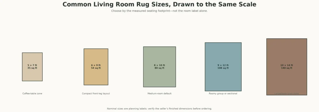 The five nominal rug sizes are drawn to one scale.