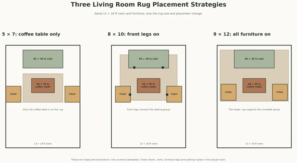 The same 13-by-18-foot room and furniture are shown with three rug strategies. These are measured illustrations rather than universal templates