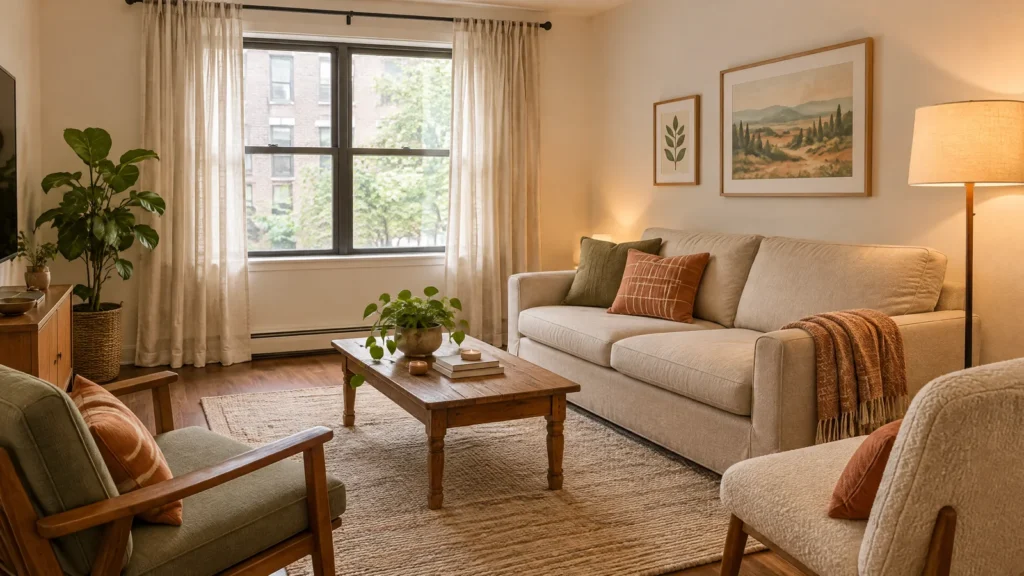 an achievable living room refresh that keeps the main seating and adds only a few high impact layers