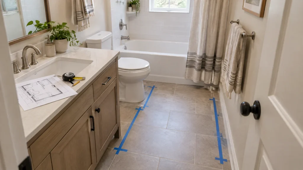 Compact bathroom with vanity, toilet, tub, doorway and blue tape marking a circulation path
