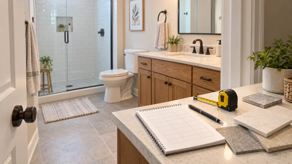 Bathroom with a blank planning notebook, measuring tape and tile samples