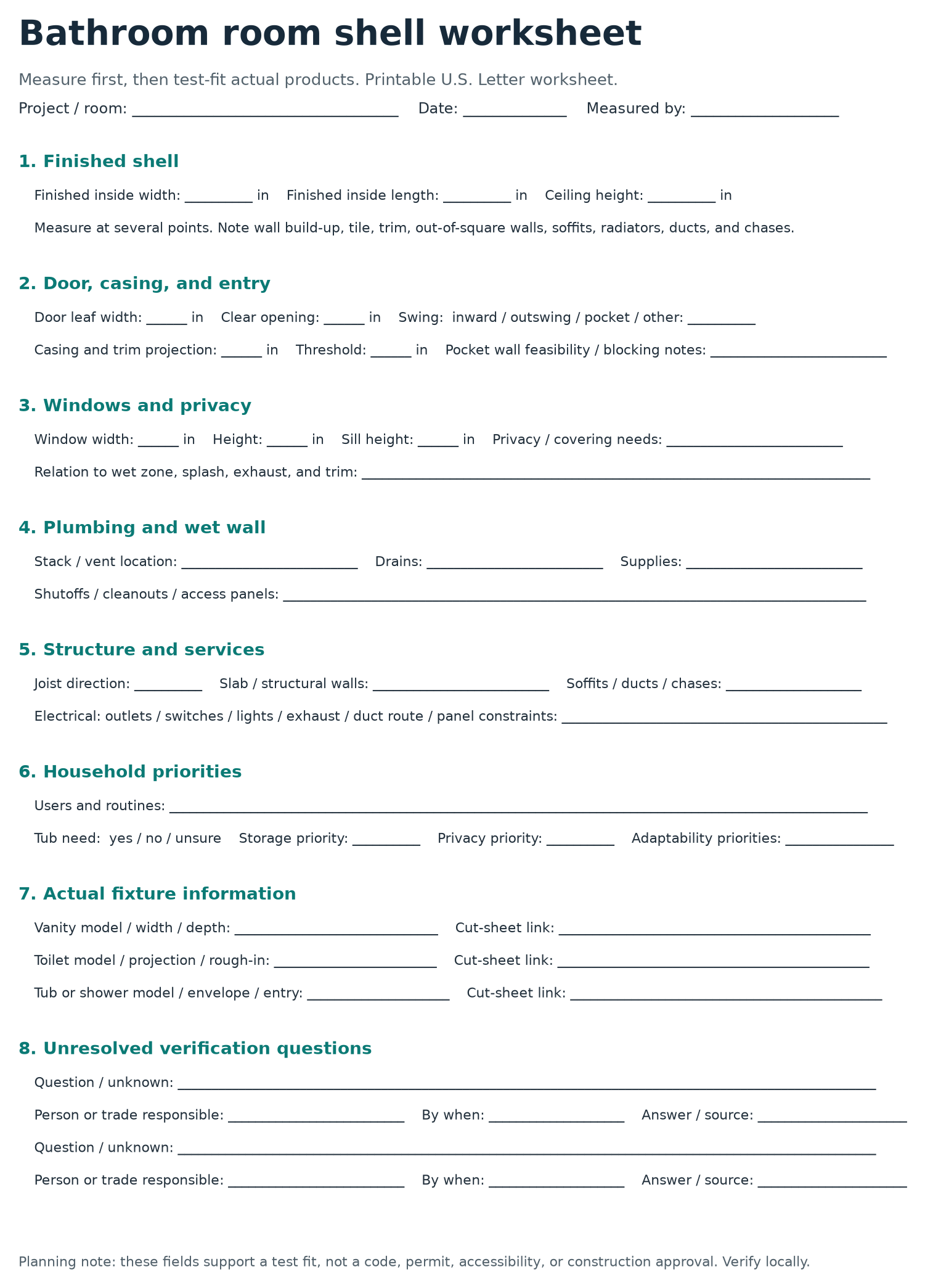 Printable bathroom room shell worksheet with fields for dimensions, openings, plumbing, structure, services and fixture information