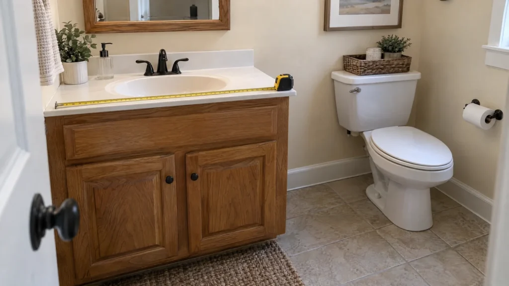 Illustrative bathroom with oak vanity, white countertop and tape measure beside a toilet