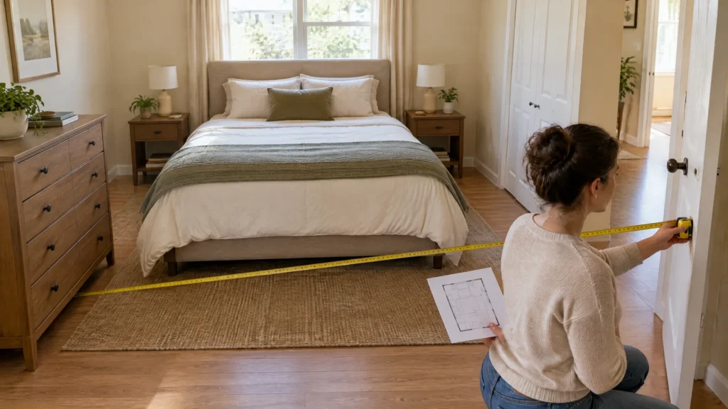 Woman measuring a bedroom with a queen bed, dresser, nightstands, door and closet before planning furniture placement