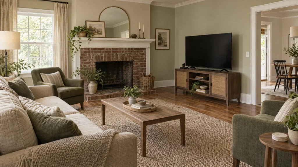 Illustrative living room with a brick fireplace and a TV on a low console beside it