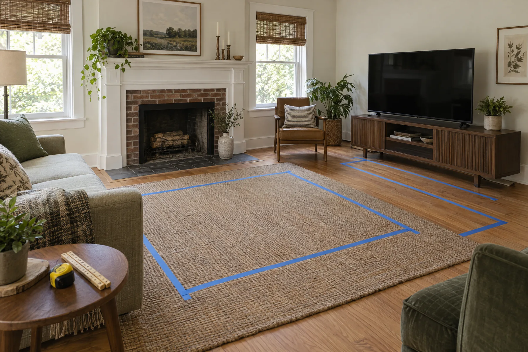 Living room with a fireplace and TV on separate walls and painter's tape marking a furniture footprint