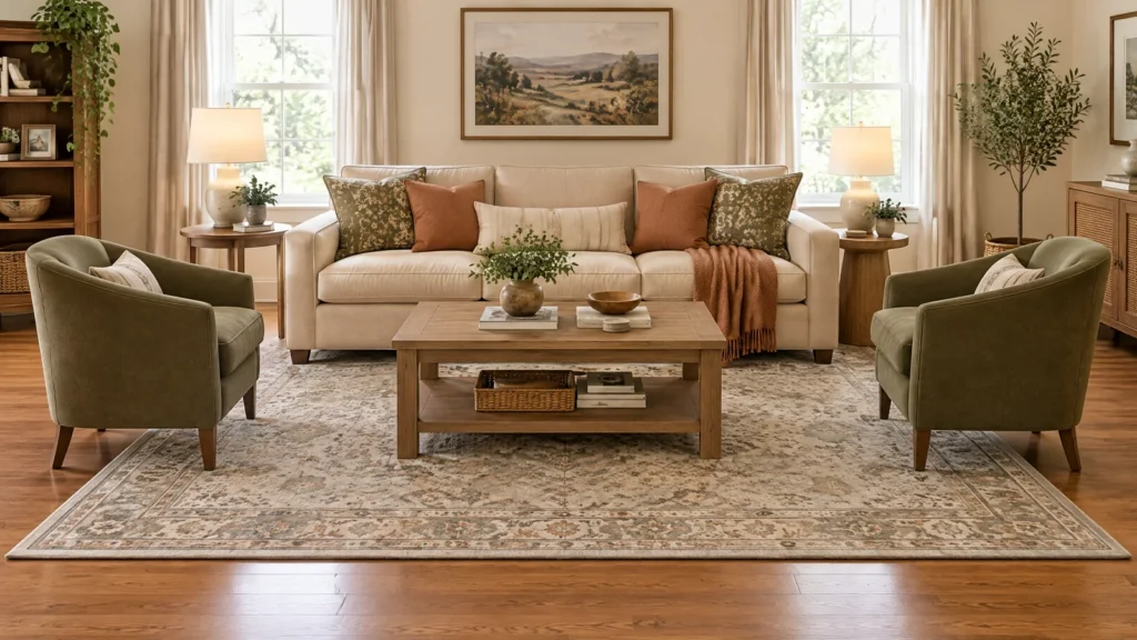 howing a living room rug large enough to connect the sofa, chairs and coffee table while leaving visible wood flooring around the seating zone