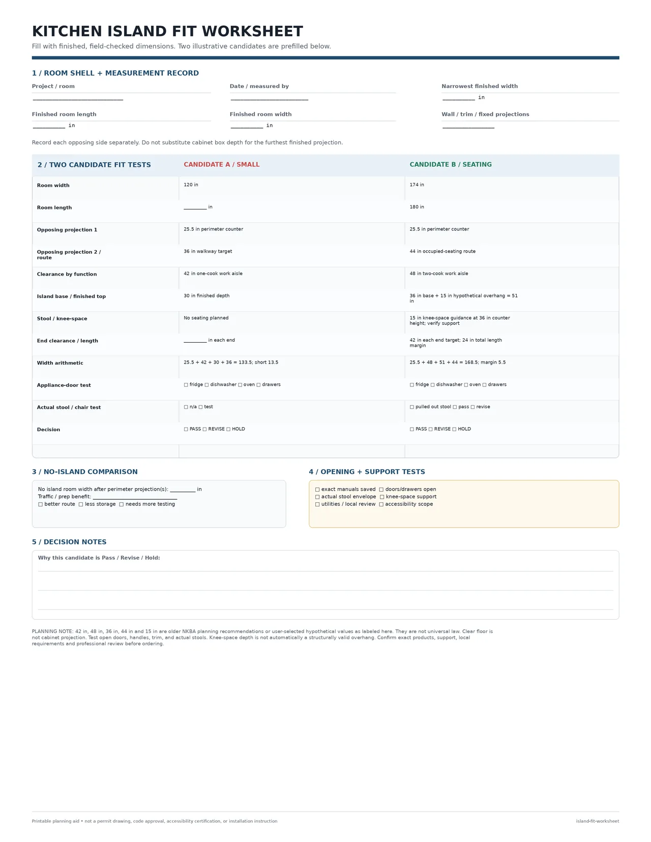 Printable worksheet preview for recording island width, length, seating, appliances, routes, and review questions