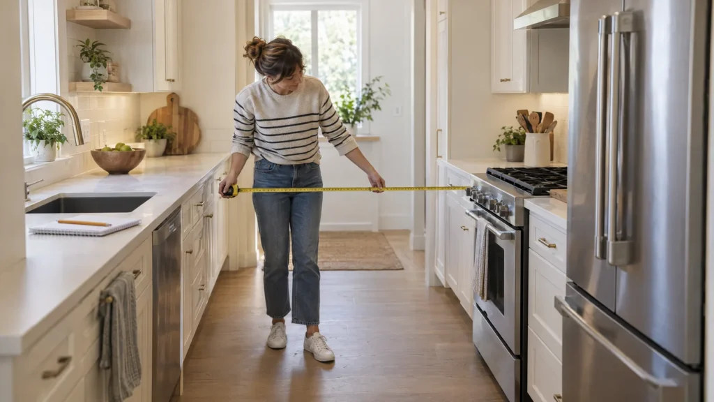 Illustrative kitchen scene with a person measuring the space between opposing counters