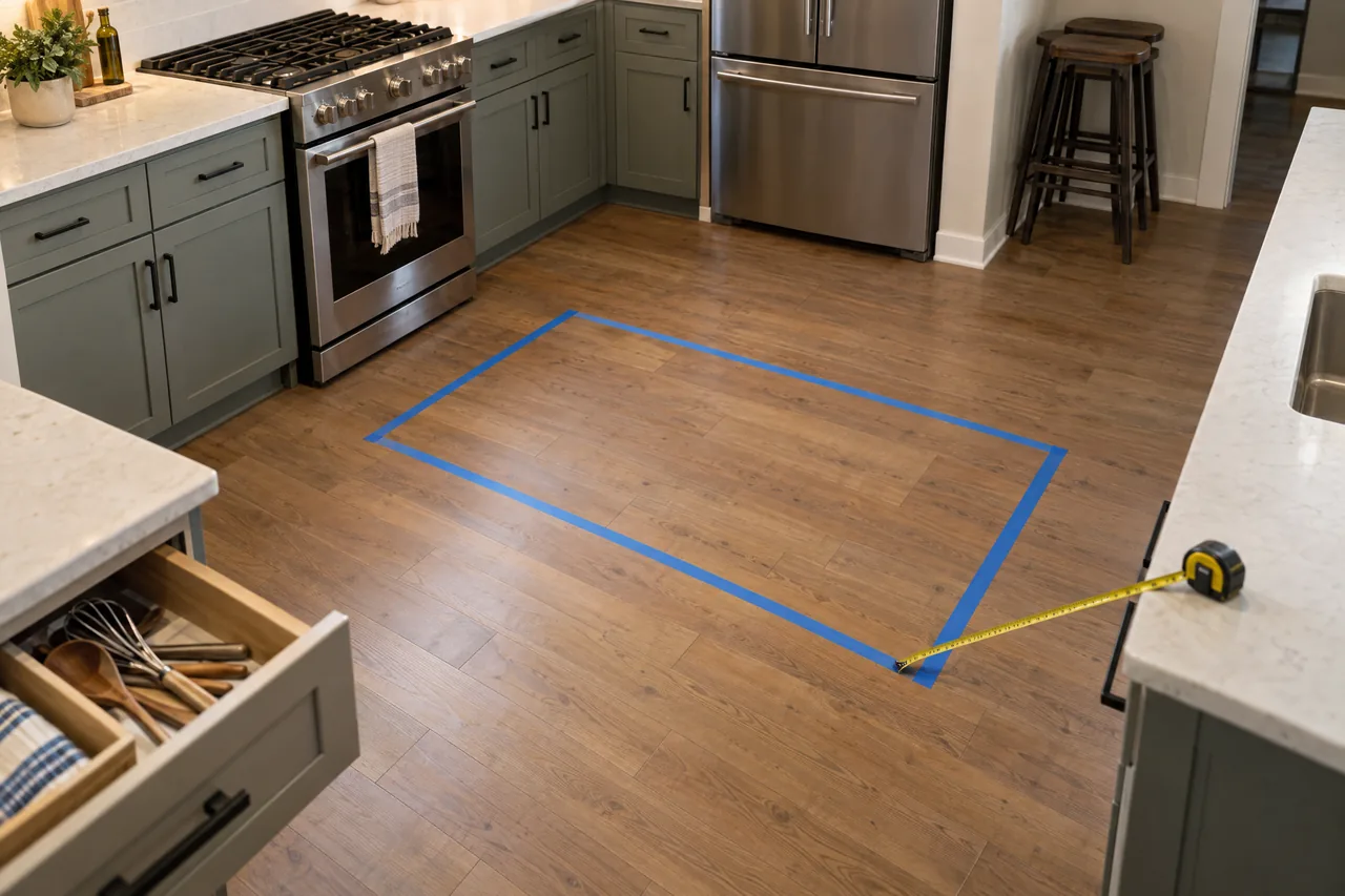 Blue tape outlining a possible kitchen island footprint while a nearby drawer stands open