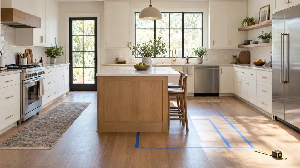 Illustrative kitchen with a compact island and blue tape marking a floor footprint