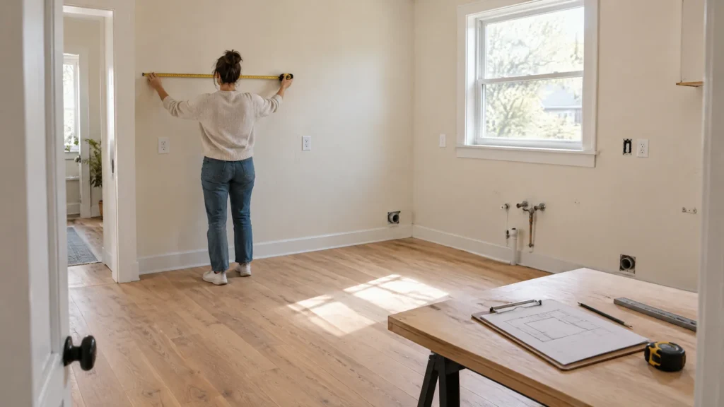 Homeowner measuring an empty kitchen wall beside a floor plan before choosing a layout