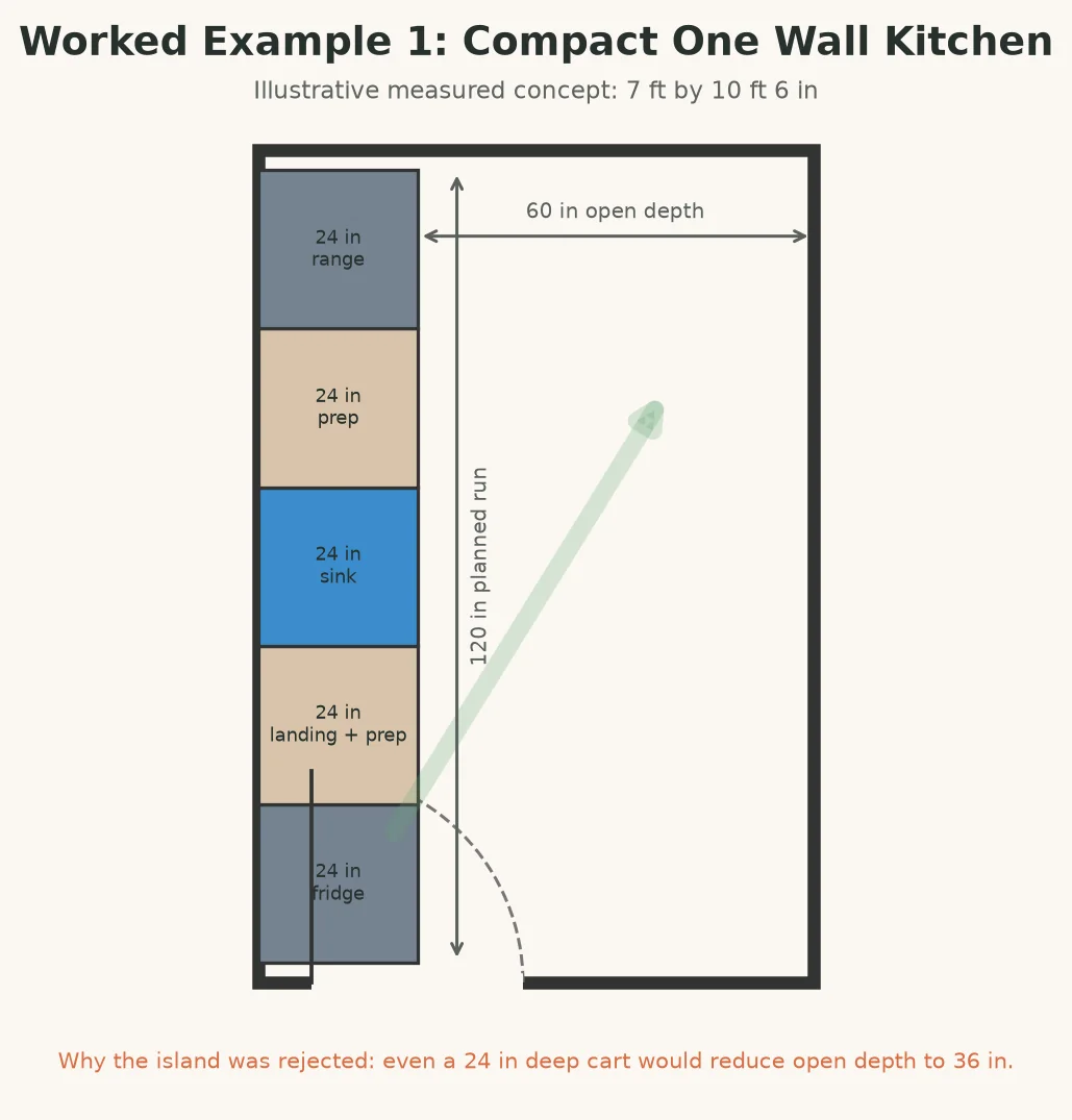 Seven by ten and a half foot one wall kitchen plan with a 120 inch cabinet run and 60 inch open floor depth