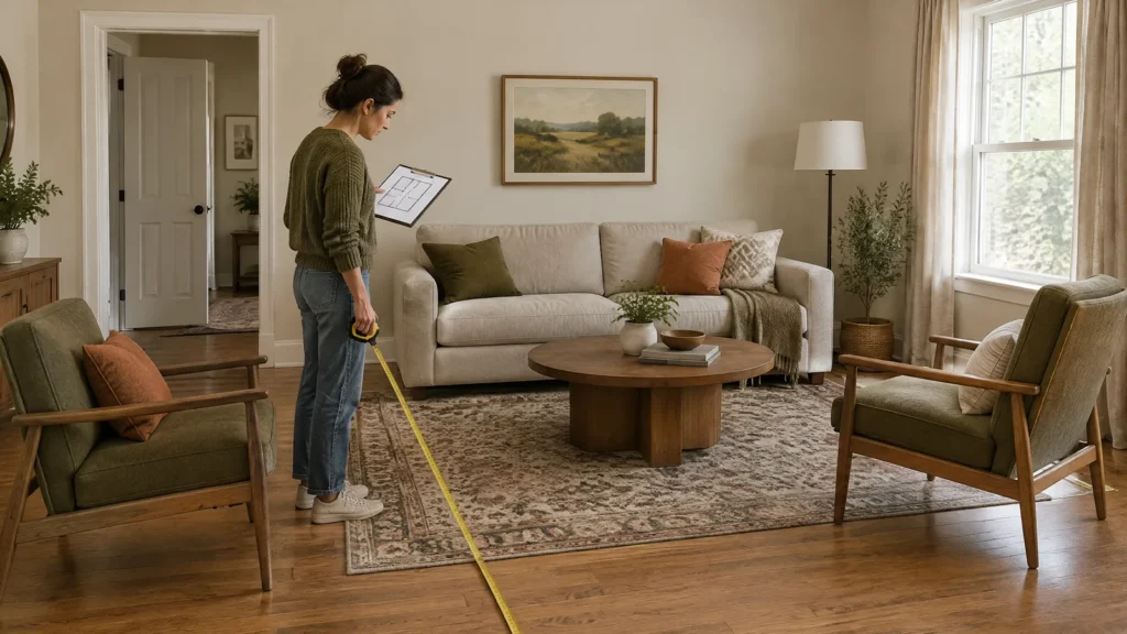 Person measuring a living room with a sofa, two chairs, a coffee table and a floor plan on a clipboard.