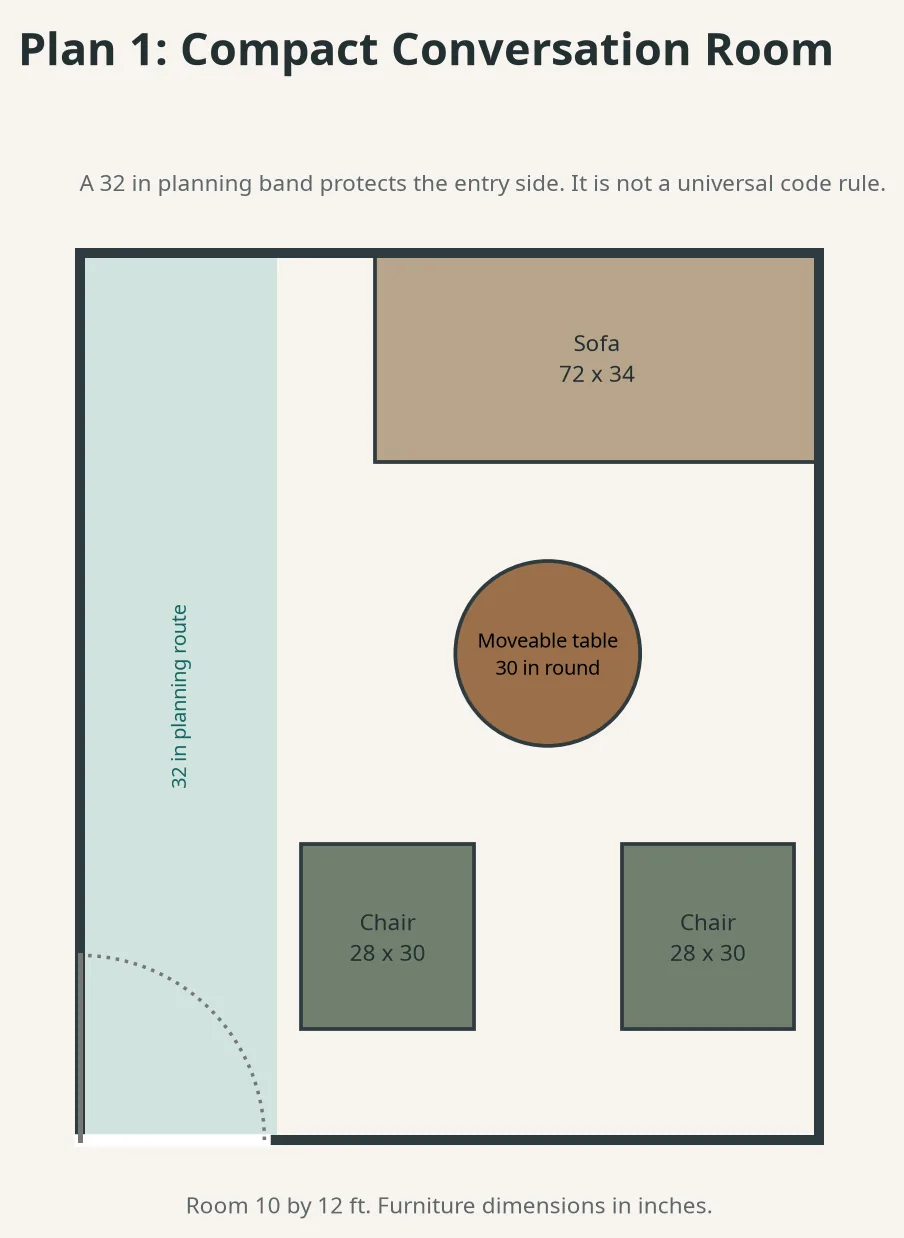 Measured 10 by 12 foot living room plan with one sofa, two chairs and a clear entry route.