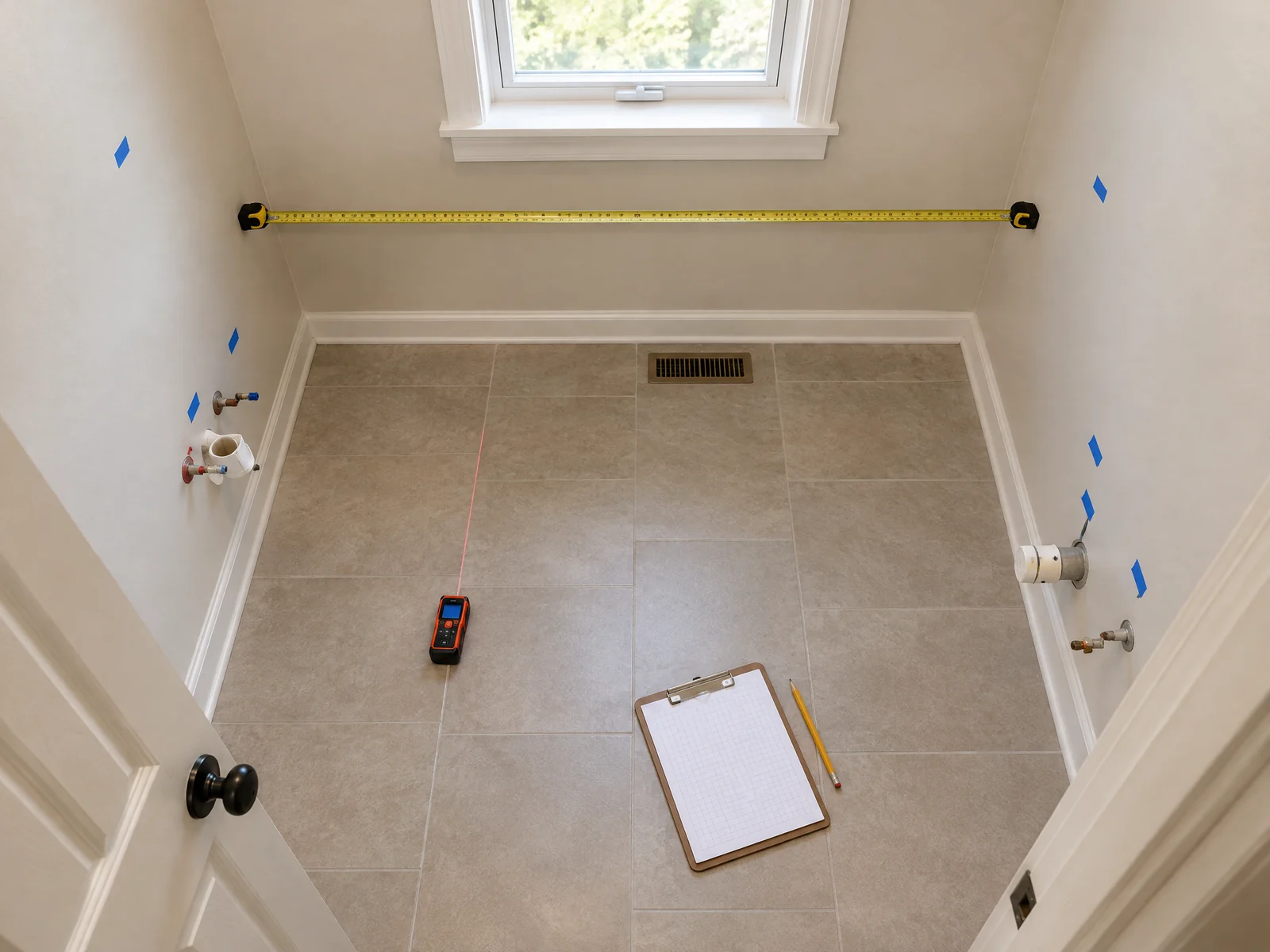 Empty bathroom shell being measured wall to wall with a tape measure, plumbing points and floor vent visible
