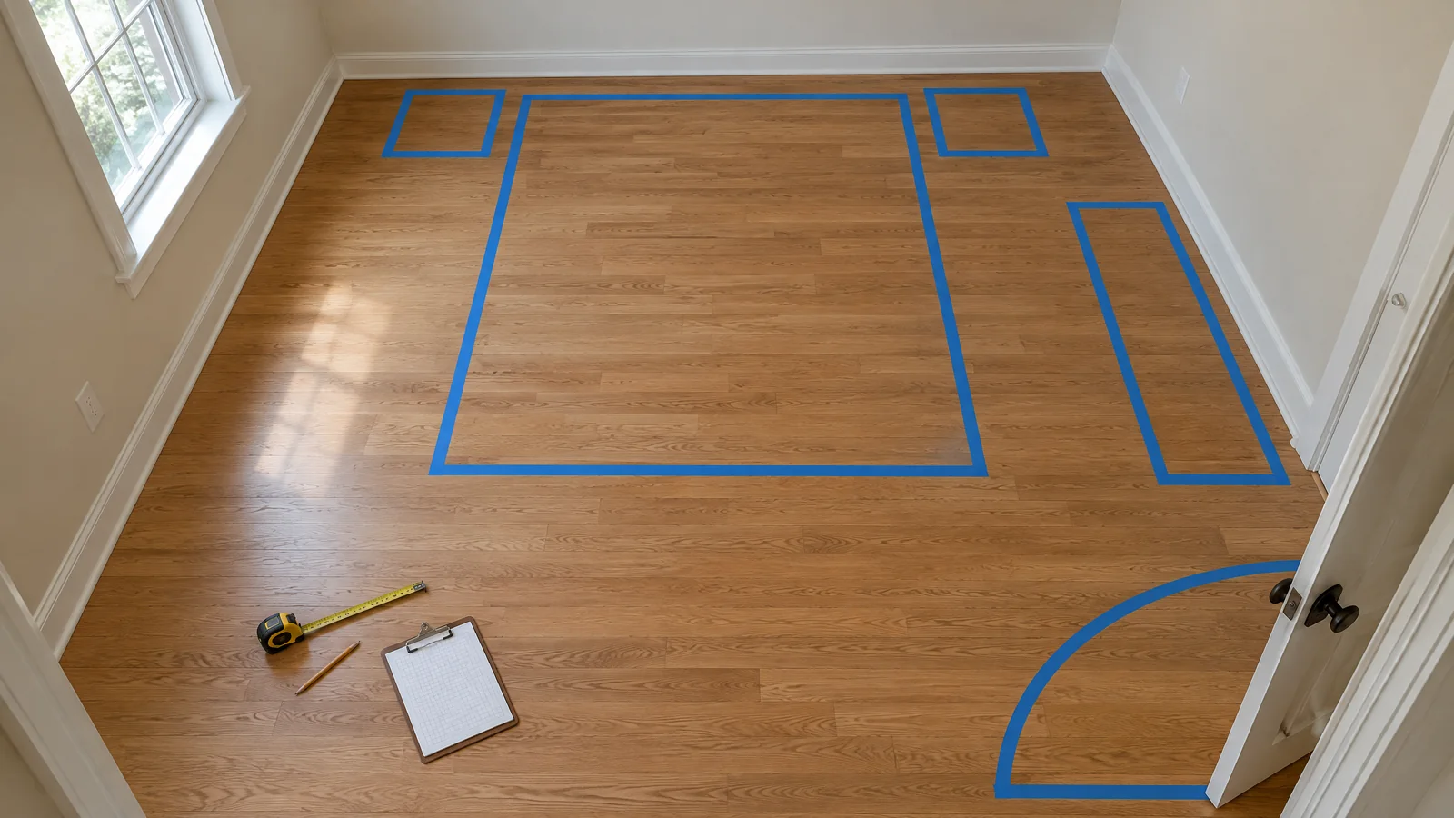 Top-down bedroom survey showing room walls, bed footprint, door swing, window, dresser and measured routes