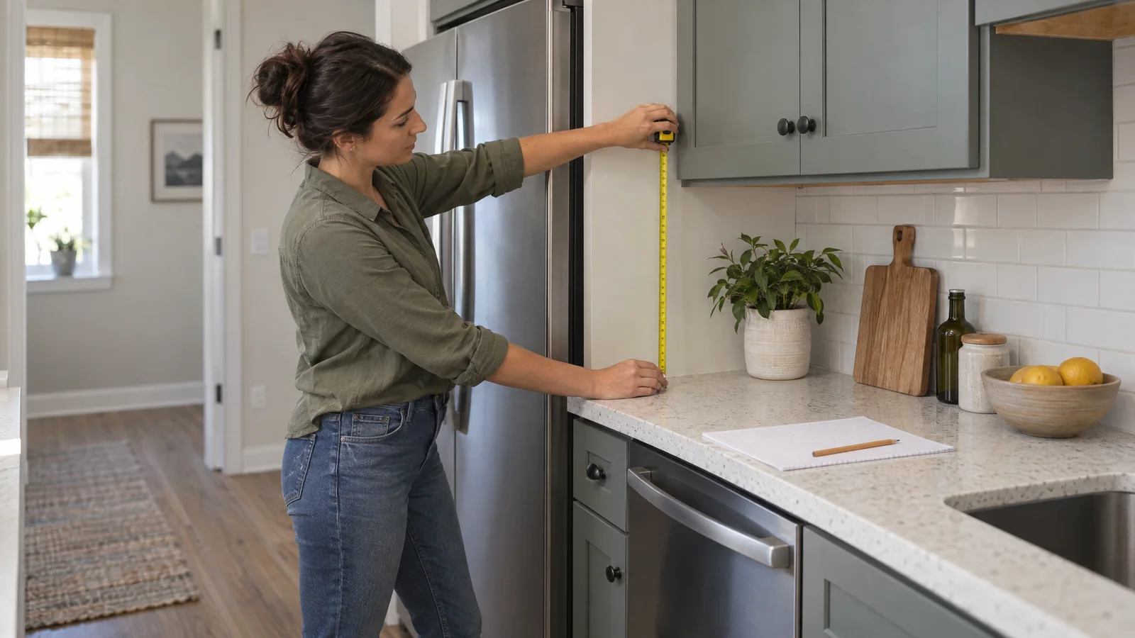 Illustrative kitchen scene with a person measuring cabinet height beside a refrigerator