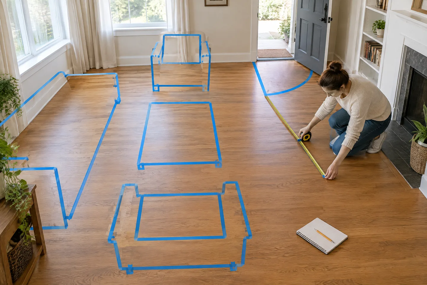 Painter's tape marking sofa, chair, coffee table and door swing footprints on a living room floor.