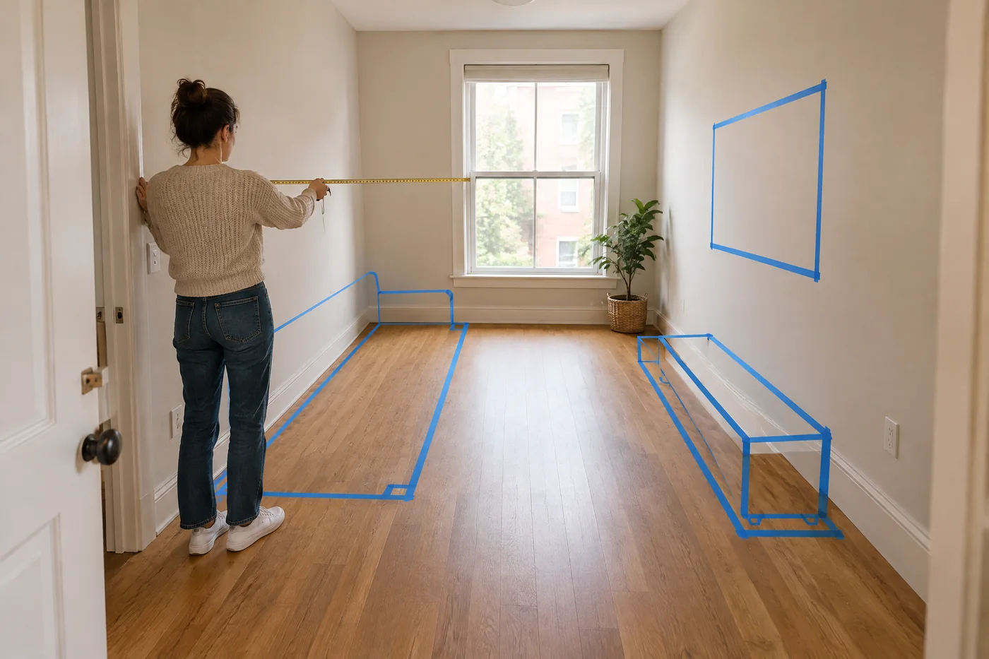 Person measuring a narrow living room with painter's tape marking a television, sofa and slim console footprint.