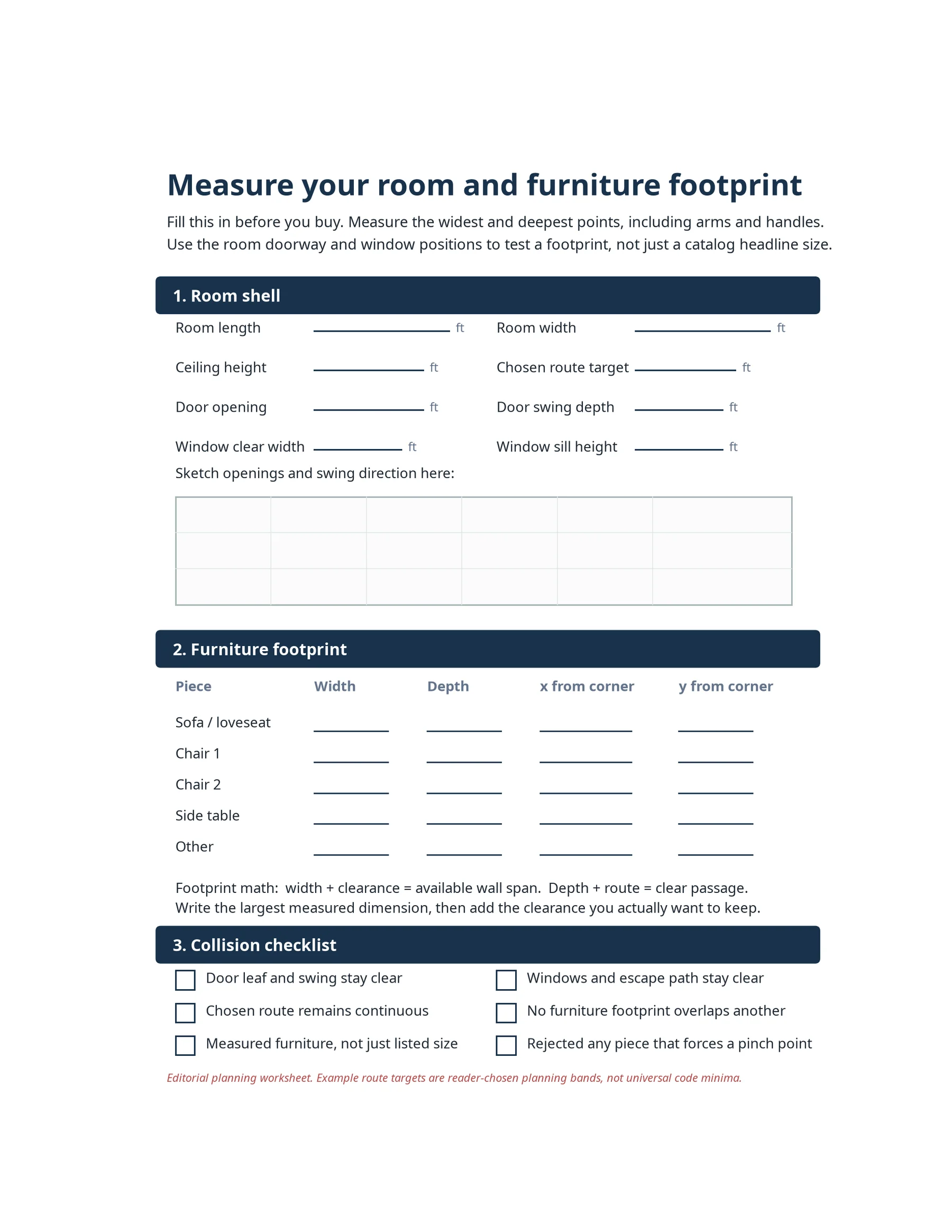 Blank small living room measuring worksheet with fields for openings, furniture footprints, chosen route, and collision checks.