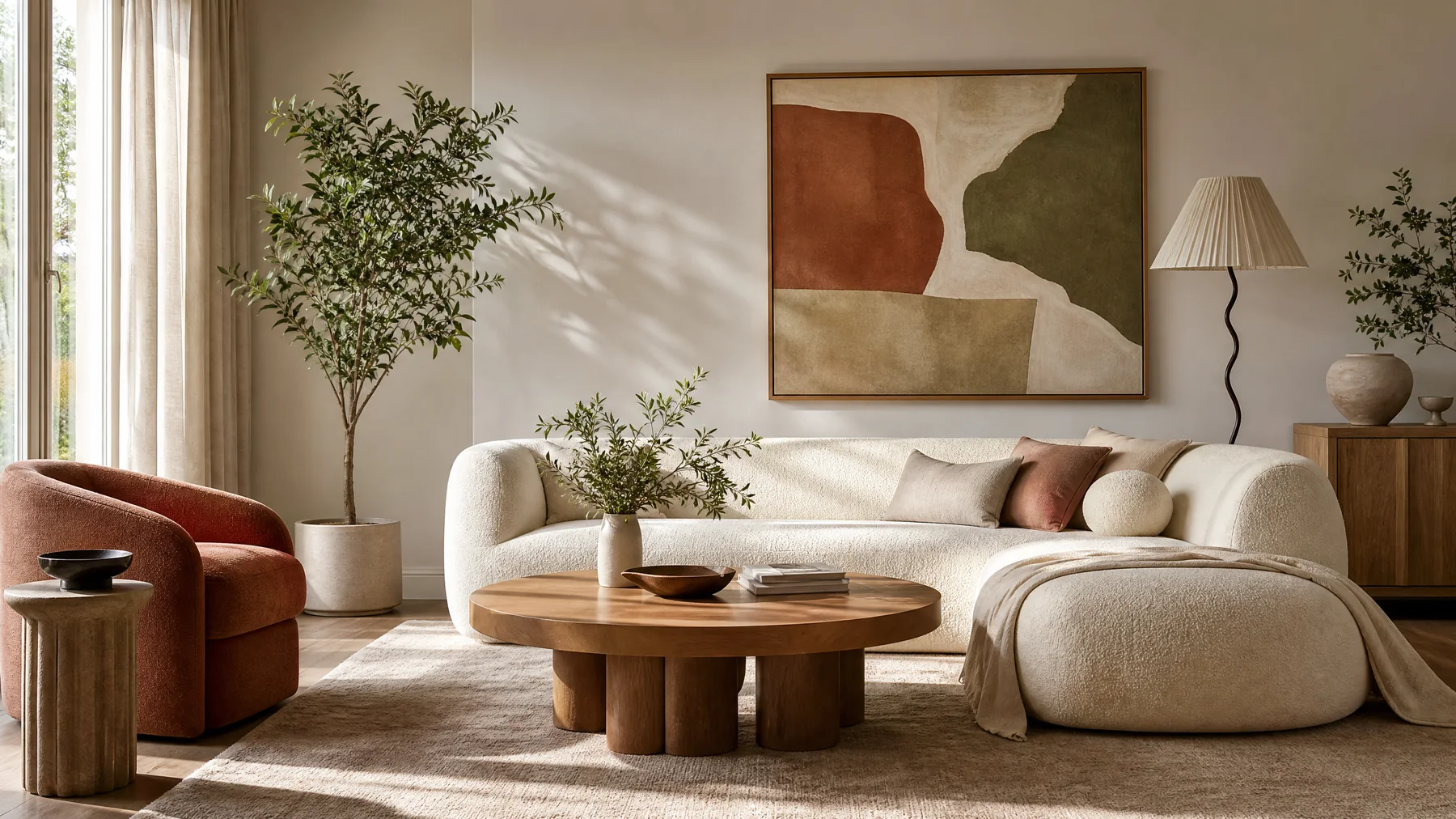 Warm modern living room with cream seating, oak furniture, clay accents, and abstract artwork