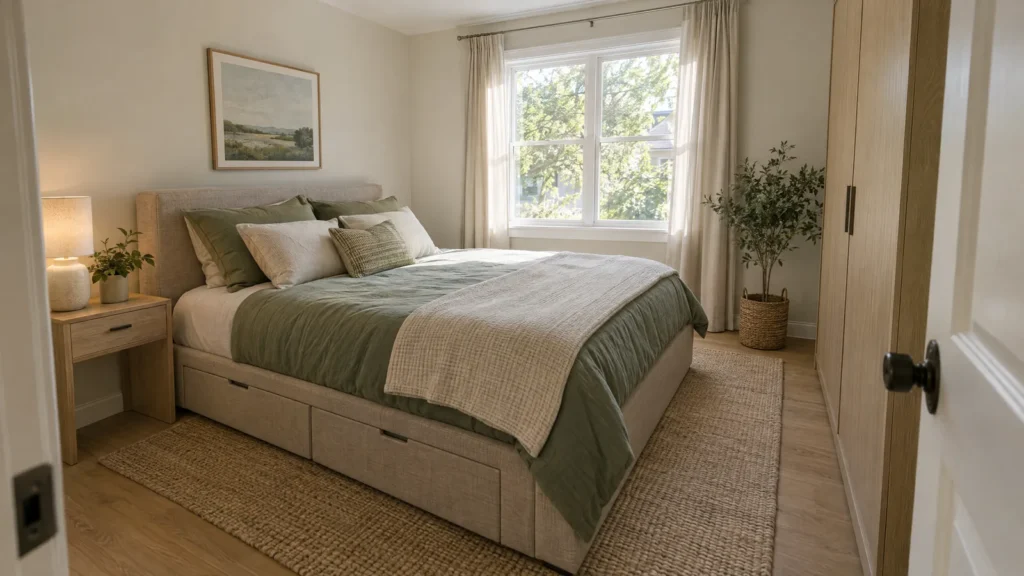 Compact bedroom with storage drawers under the bed and a tall wardrobe