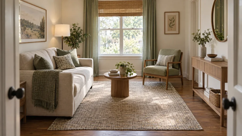 Illustrative small living room with a light loveseat, sage accent chair, round table, and open floor around the seating