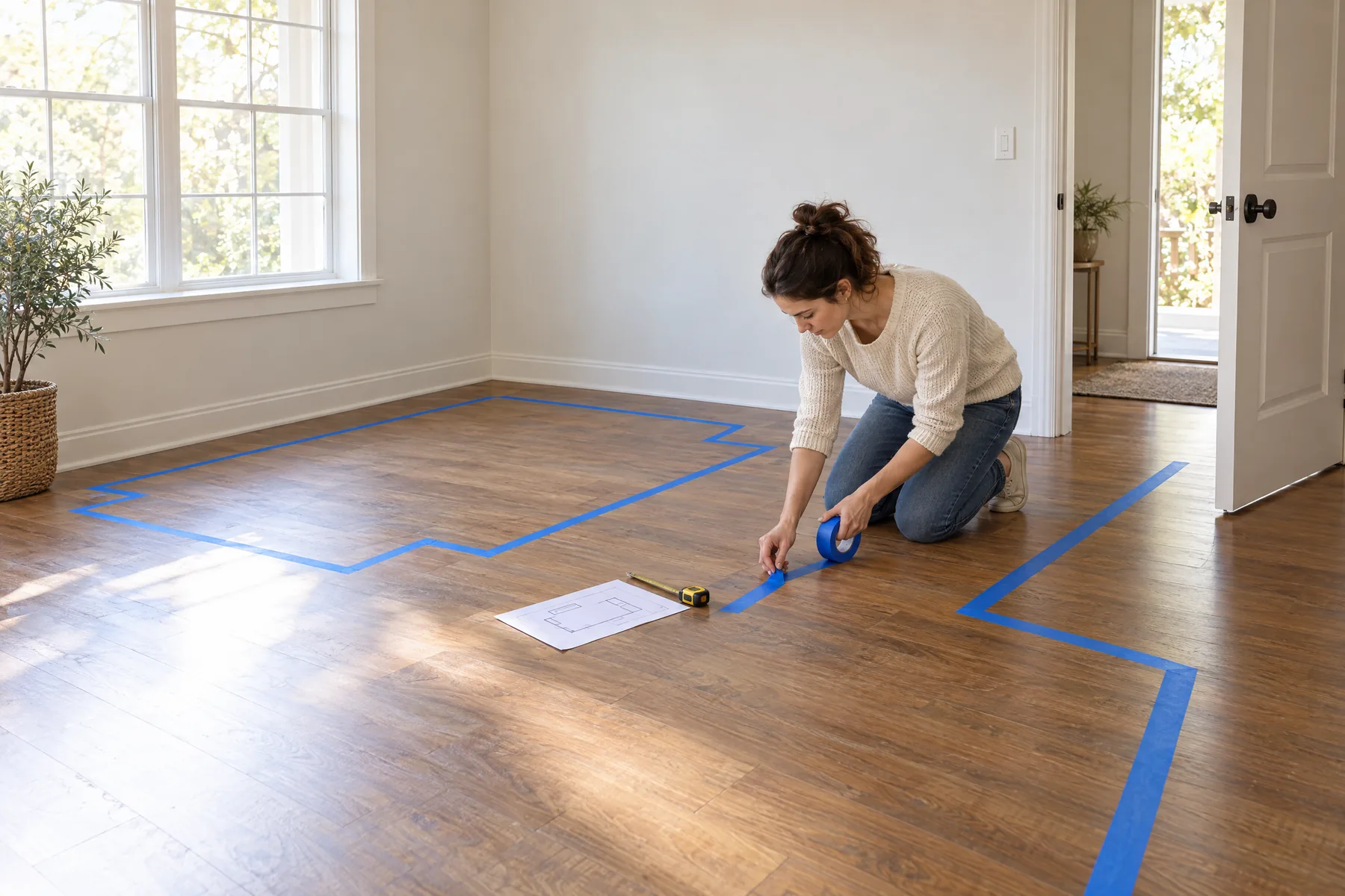 Painter’s tape marking furniture footprints and a walking route in an empty living room.