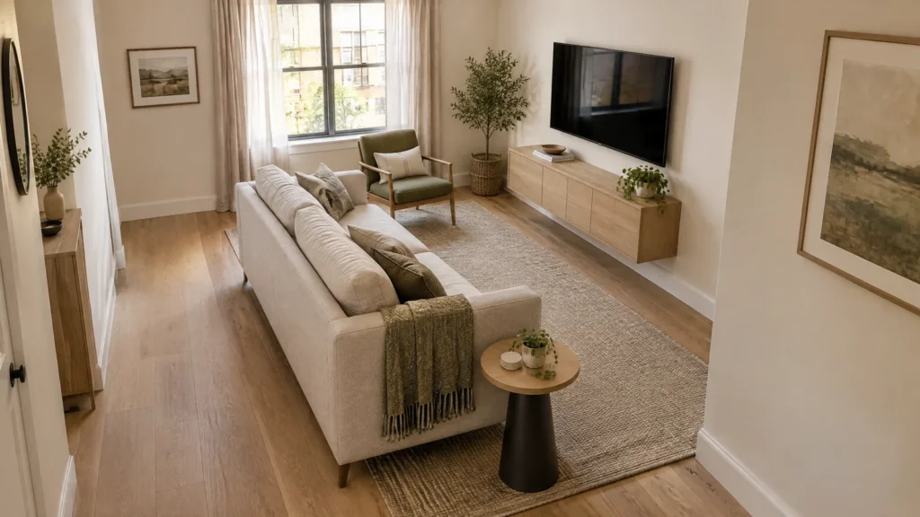 Small narrow living room with a compact sofa facing a wall-mounted television and a clear path behind the seating.