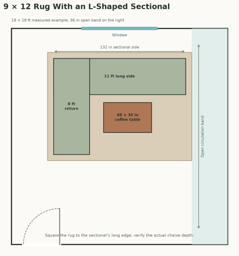 square the rug to the 11-foot side and confirm the actual chaise depth, door swing and circulation route.