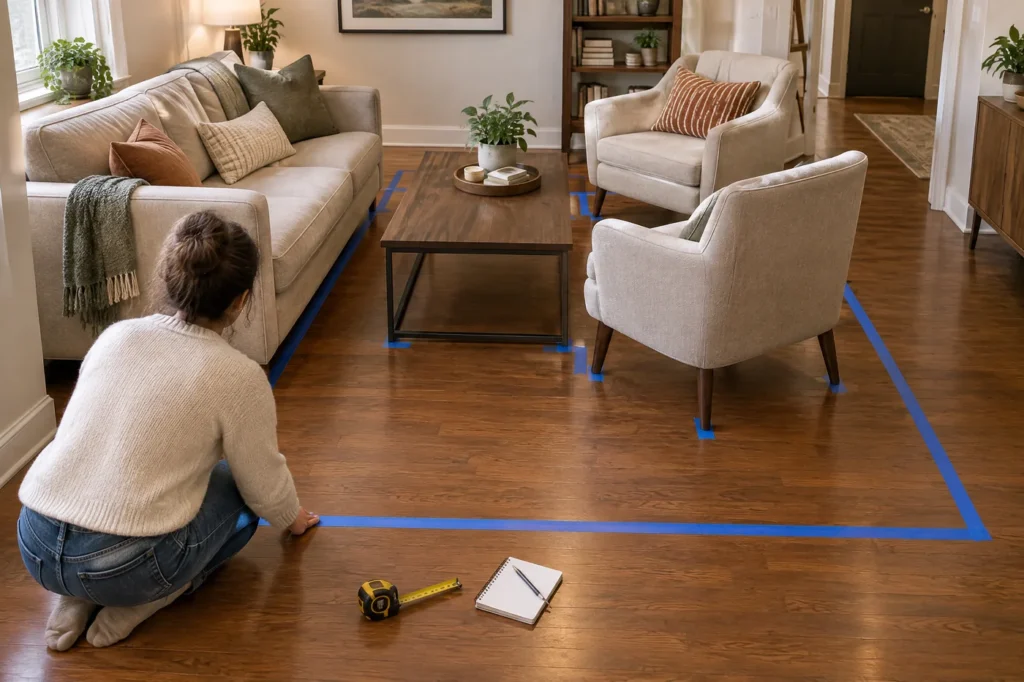 tape the proposed rectangle around the actual furniture and keep the doorway outside it.