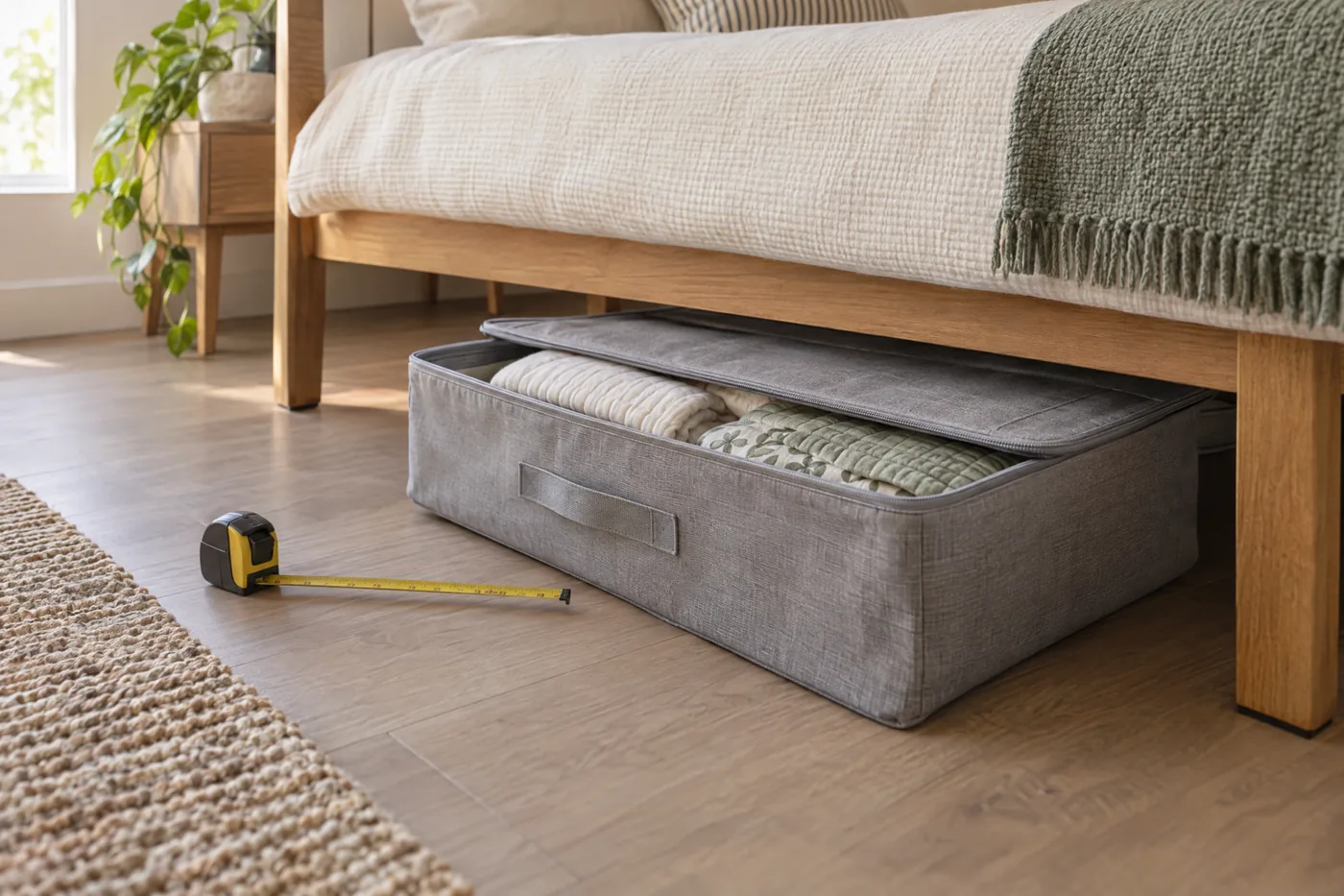 Lidded under-bed storage bin partly pulled out beside a measuring tape