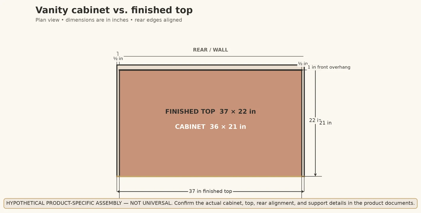 Illustration comparing a vanity cabinet footprint with a wider countertop and side overhang