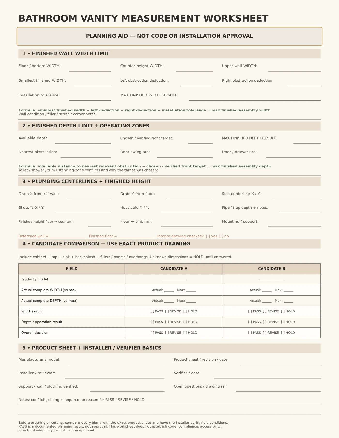 Printable bathroom vanity measurement worksheet with blank room, depth, plumbing, height, and candidate comparison fields