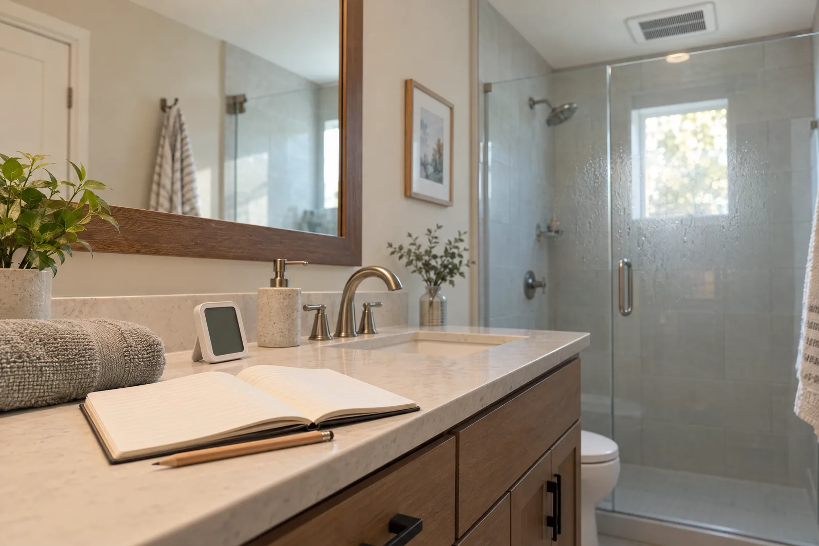 Blank notebook, pencil and blank-screen meter on a bathroom vanity near damp shower glass