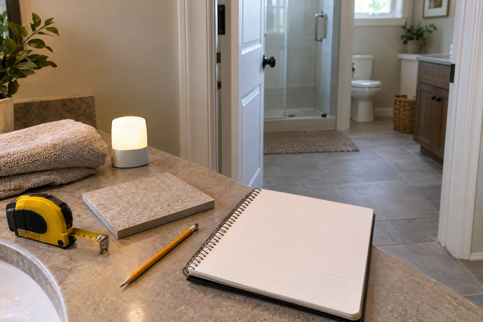 Blank notebook, sample tile, tape measure and portable nightlight beside a bathroom doorway