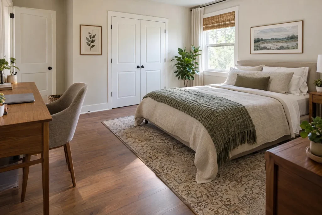Desk and chair on a separate wall from the bed in an illustrative bedroom layout