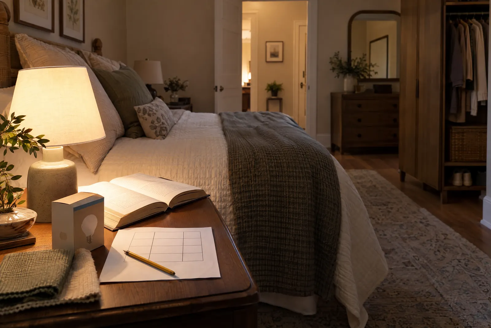 Shaded bedside lamp illuminating a book beside a blank activity worksheet in a bedroom