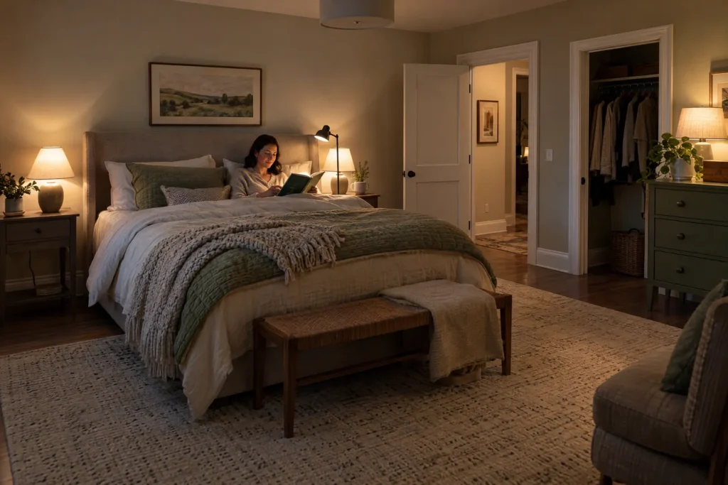 Bedroom with separate shaded bedside lamps, a person reading and an open route toward the doorway