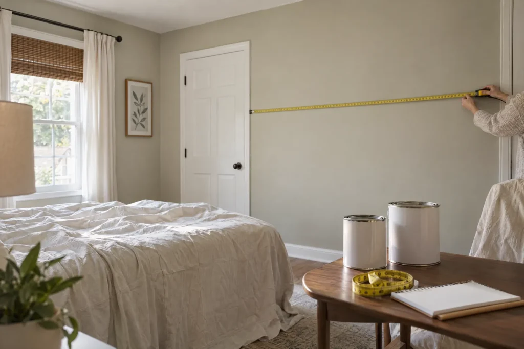 Bedroom wall measured with tape beside unopened paint cans and a blank notepad