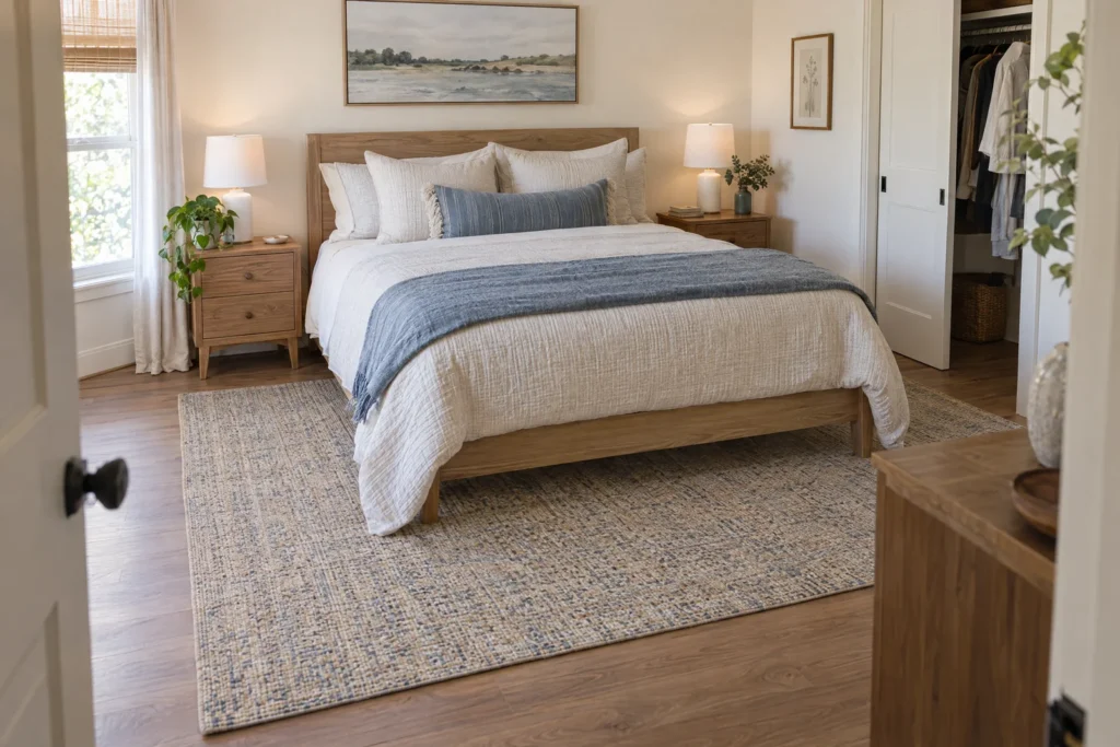 Neutral bedroom with a woven rug partly under a bed, with nightstands outside the rug