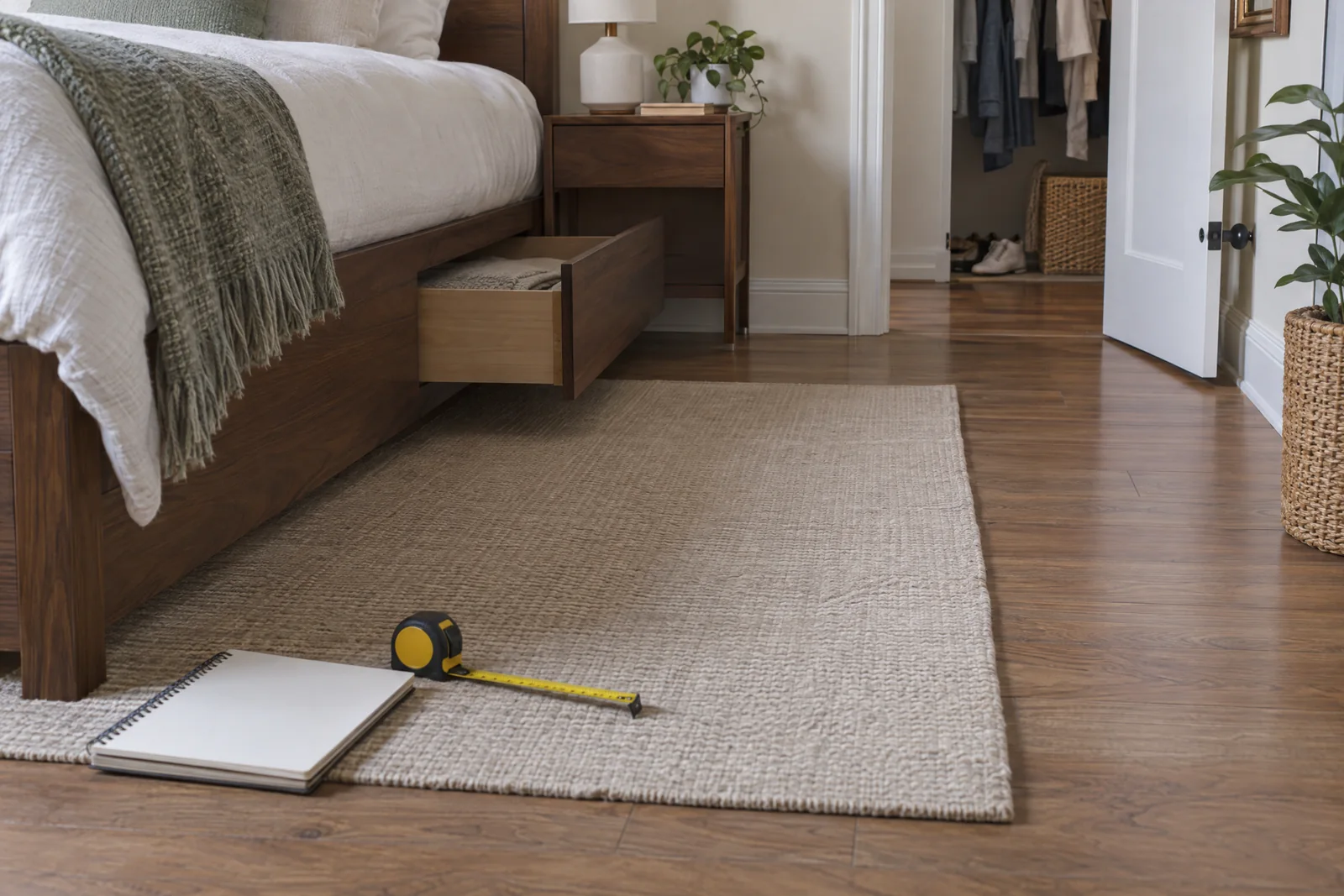 Flat rug beside a bed with an open storage drawer, tape measure, and clear closet doorway